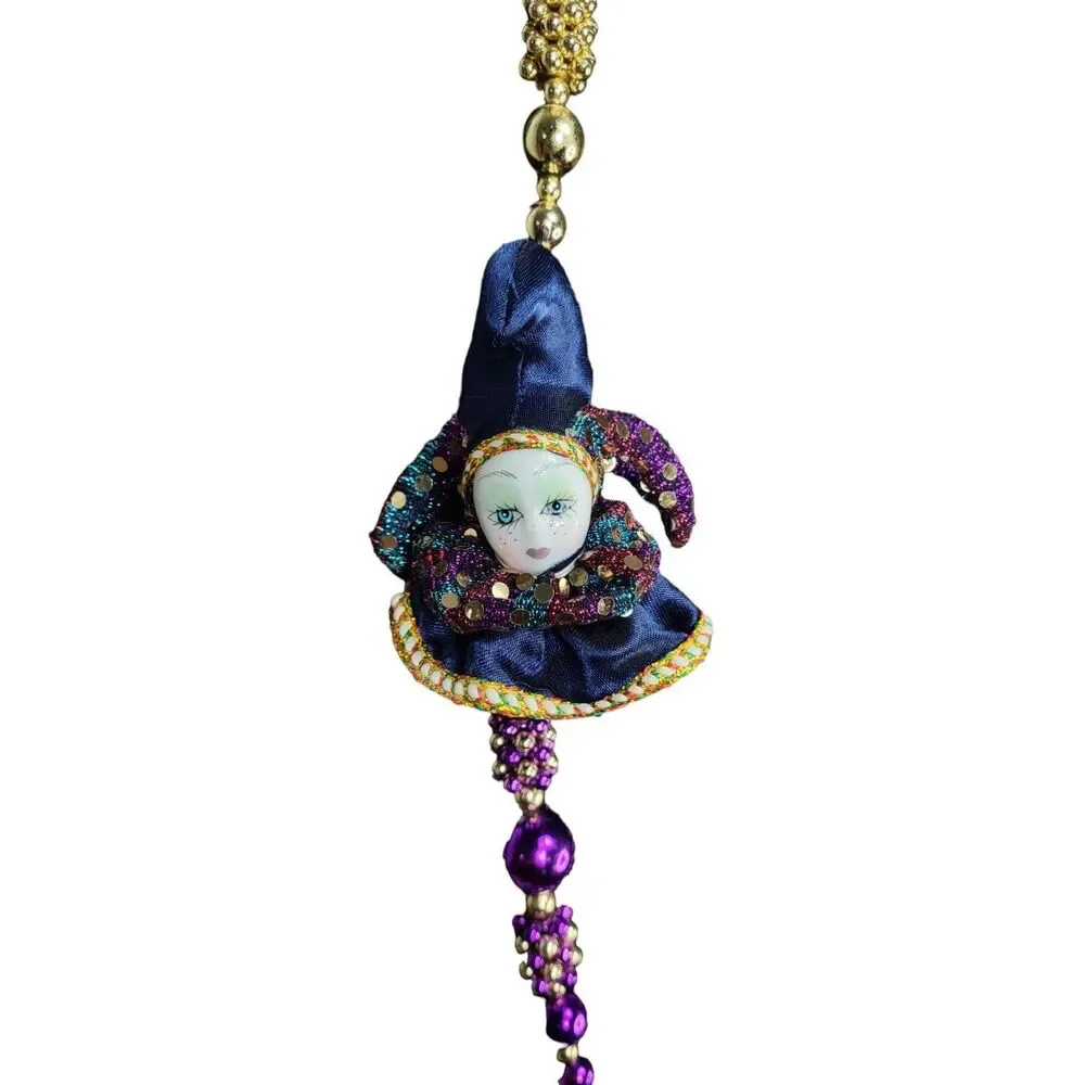 VTG Porcelain Jester Hand Painted Colorful Mardi Gras Beads Sequins Necklace NEW